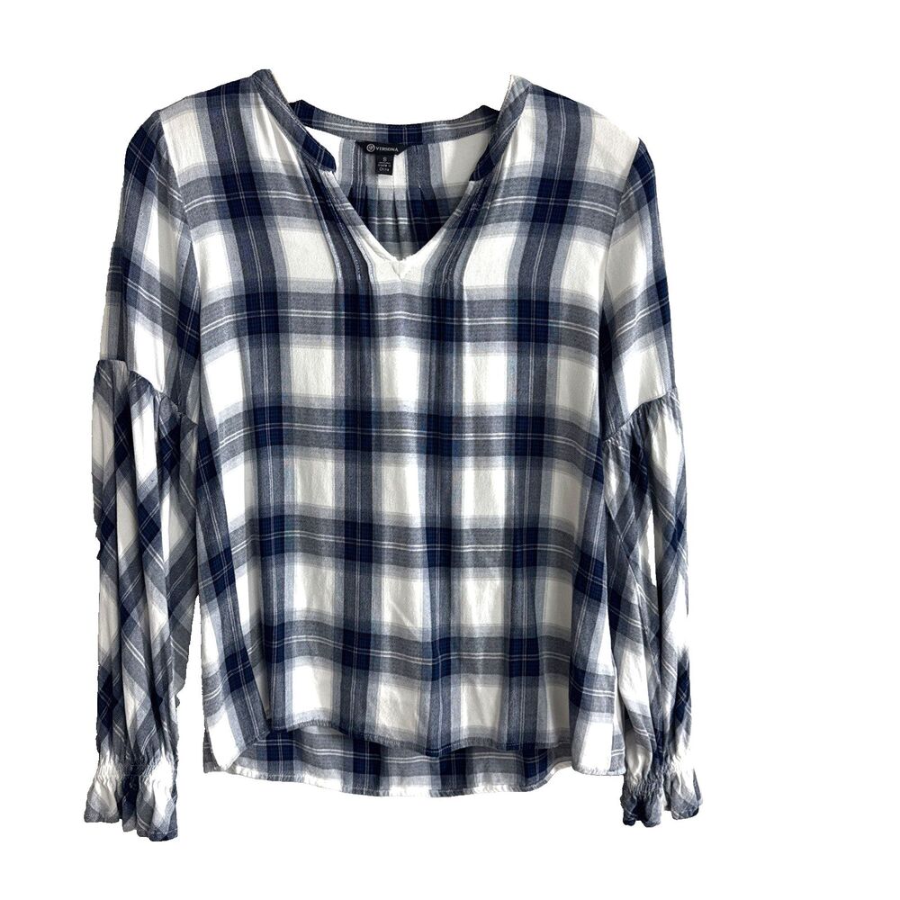 Versona Blouse Blue Plaid Fairy Babydoll Blouson Sleeve elastic cuffs - S